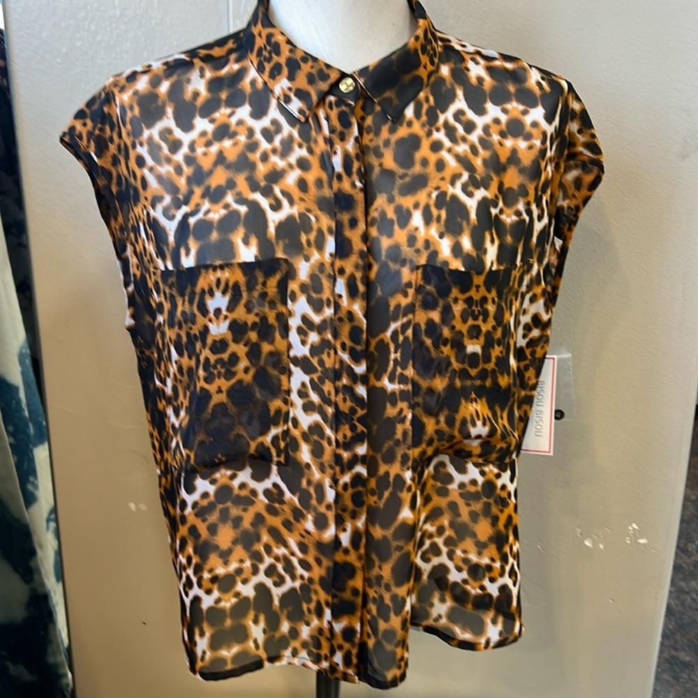 Bisou Bisou Sheer Leopard Button Down Blouse Size M NWT
